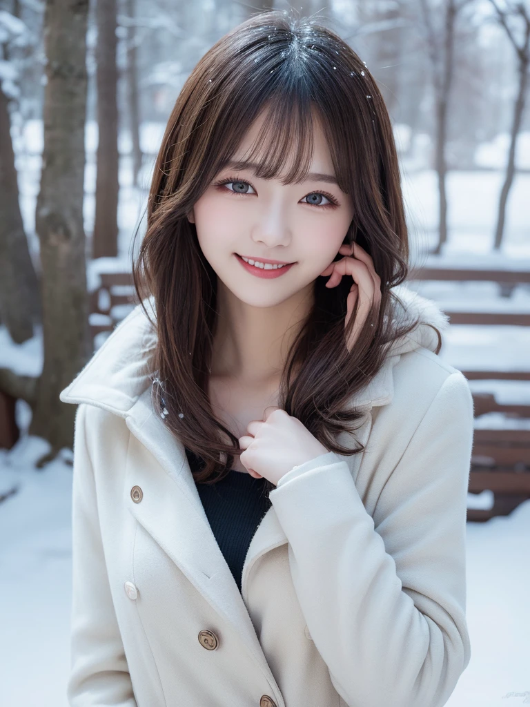 masterpiece, best quality, illustration, ultra-detailed, finely detailed, high resolution, 8K wallpaper, perfect dynamic composition, beautiful detailed eyes, snowy landscape, winter coat, medium hair, small breasts, warm pose, smile, looking at camera