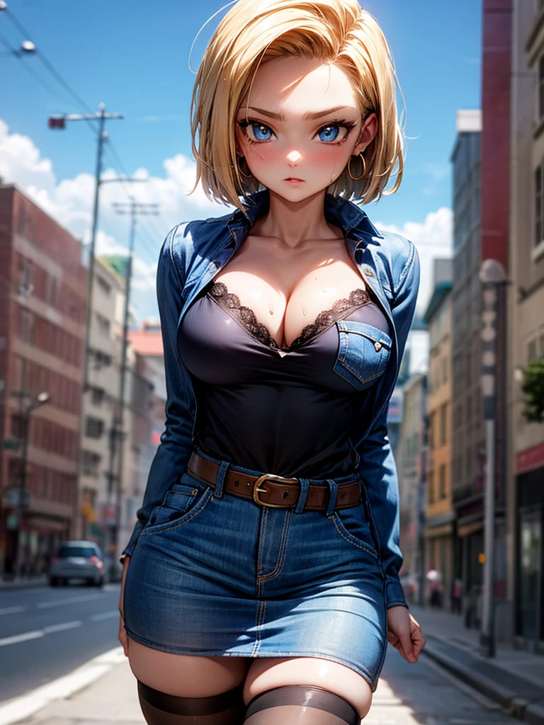 android 18, android 18, blonde hair, blue eyes, eyelash, hoop earrings, short hair, earrings, break belt, black legwear, black shirt, breast pocket, cleavage, clavicle, denim, denim skirt, high-waist skirt, jewelry, long sleeve, pocket, shirt, shirt tucked in, skirt, striped, striped sleeves, waistcoat,, break outdoors, city, null, cloud, sun, break looking at viewer, (cowboy shot:1.5), break (masterpiece:1.2), highest quality, High resolution, unity 8k wallpaper, (shape:0.8), (beautiful and detailed eyes:1.6), highly detailed face, perfect lighting, Very detailed CG, (perfect hands, perfect anatomy), panty, peep panties, wet panties, peeping bra, blush nose, sfw, panties, arms behind, up skirt, panties, torn cloth,