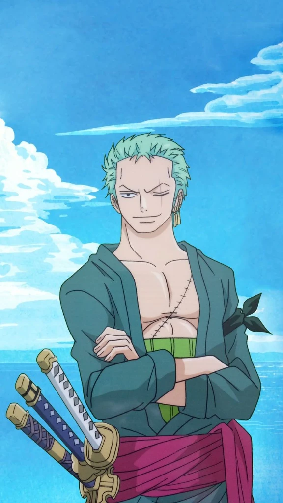 handsome zoro((one piece))3 katana detail,left eye closed,green kimono,earring very detail,