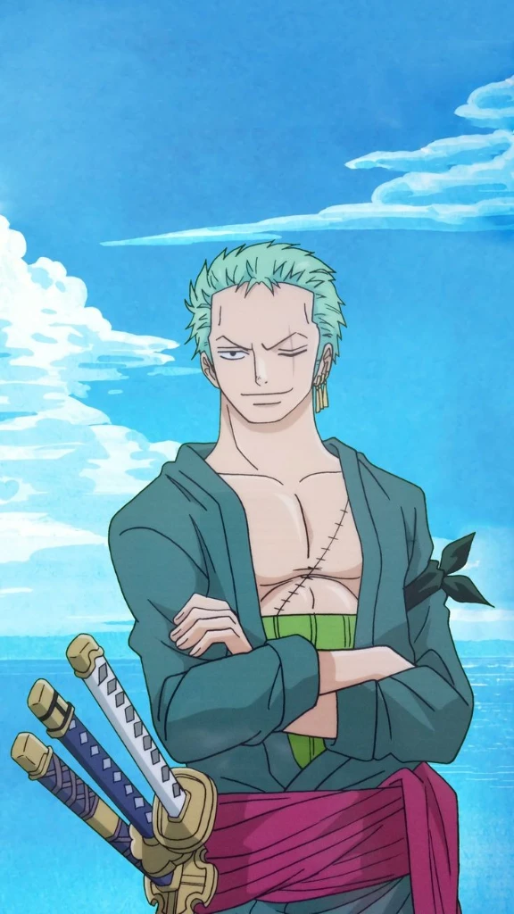 handsome zoro((one piece))3 katana detail,left eye closed,green kimono,earring very detail,