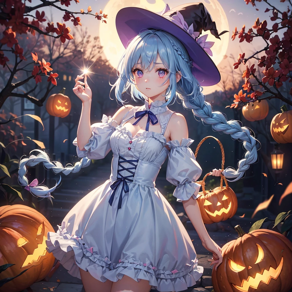 (Light blue medium hair:1.2),(Braided hair:1.2)、Pink eyes、Fair skin、cowboy shot、Halloween、The background is a pumpkin ghost、Crescent Moon、Trick or Treat、A lot of sweets、witch、Halloween night、Candy、many bat、Condescending expression、solo、(masterpiece、Highest quality、Very detailed、Best Shadow)、(Detailed Background)、(Beautifully detailed face)、High contrast、(Best lighting、Very delicate and beautiful)、(Cinematic Light)、colorful、Hyper Detail、Dramatic Light、Exquisite detail、