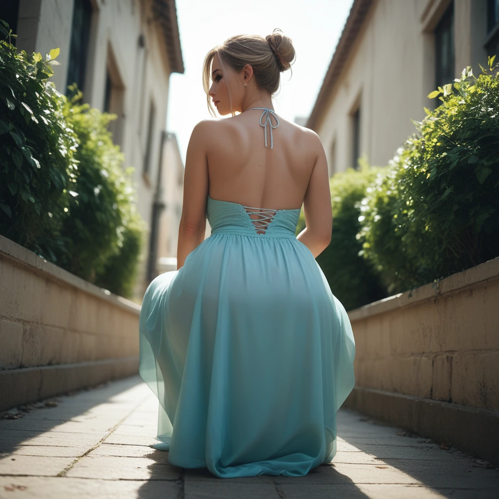 woman squatting on her knees in a long dress, rear view angle fully