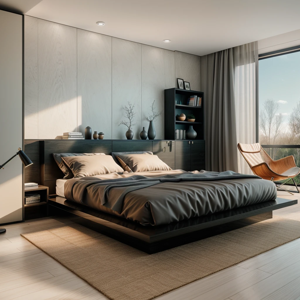 RAW photo, Masterpiece, high quality, best quality, authentic, super detailed, glossy indochina black furniture), minimalist architecture, minimalist bedroom, couch, table, carpet, shelf tv, 1 solid wood door:1.4,((laminated plaster,))), day light)), natural light fromt glass door, archdaily architecture, (high detail: 1.2), 8k uhd, dslr, soft light, high quality, film grain, Fujifilm XT3