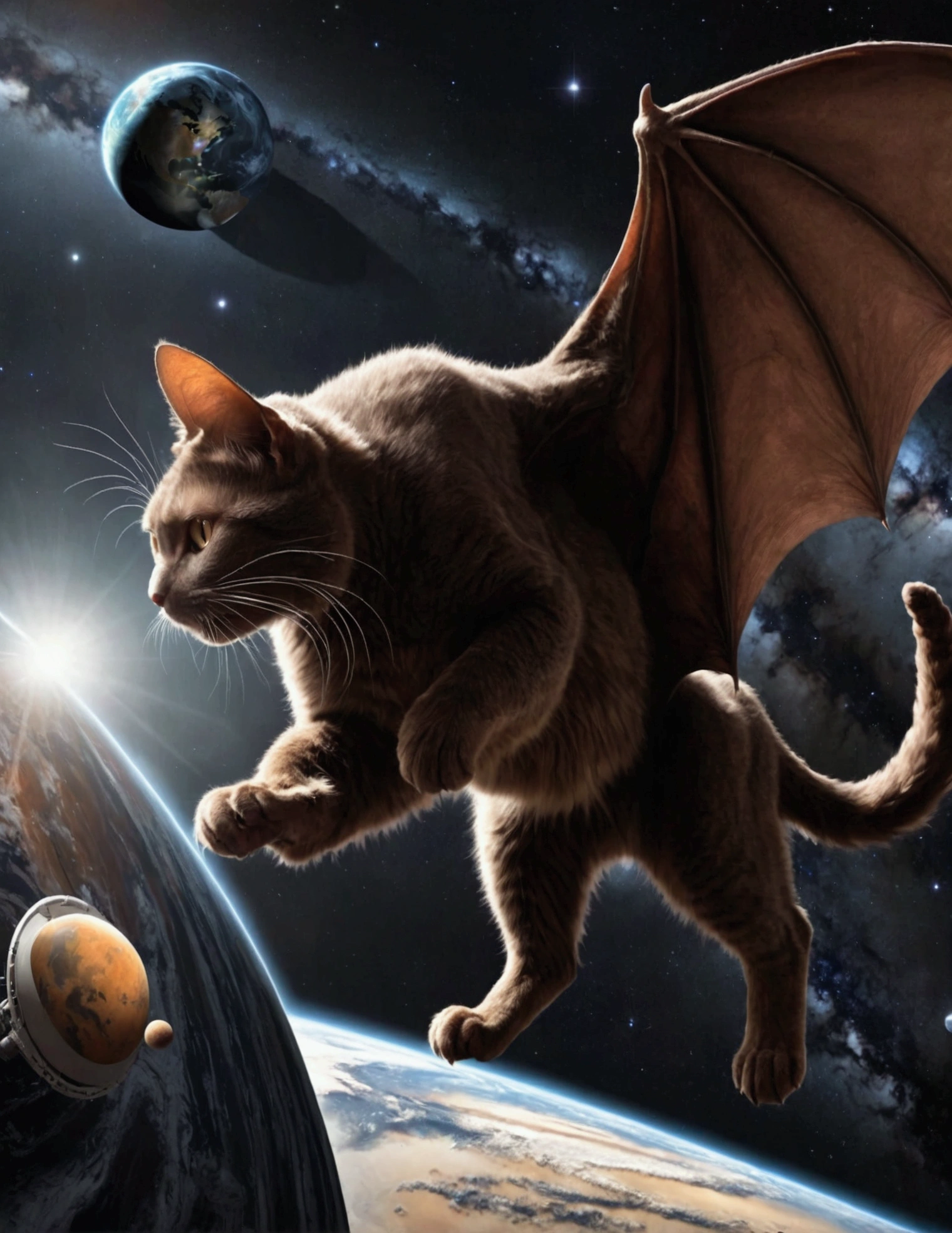 A gigantic cat bats the earh around as it chases Earth across the solar system