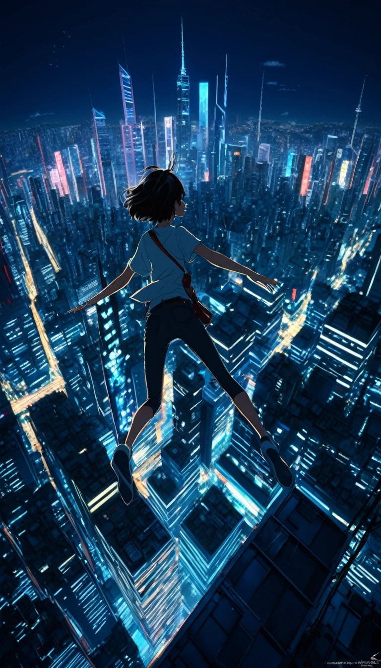 (Junkotvv Black hair with bangs, (Cat ear), Red eyes), A man falls into the air from a building with a city in the background, Concept art by Yumei, CGsociety Trends, Conceptual Art, Soaring above the densely populated city, Makoto Shinkai Cyril Rolland, Dawn CGSOCIEDAD, Space Sky. por Makoto Shinkai, Octane Rendering. por Makoto Shinkai, High Resolution CG Association,Kafka ,8k, View of the city from a skyscraper.,Neon city at night,