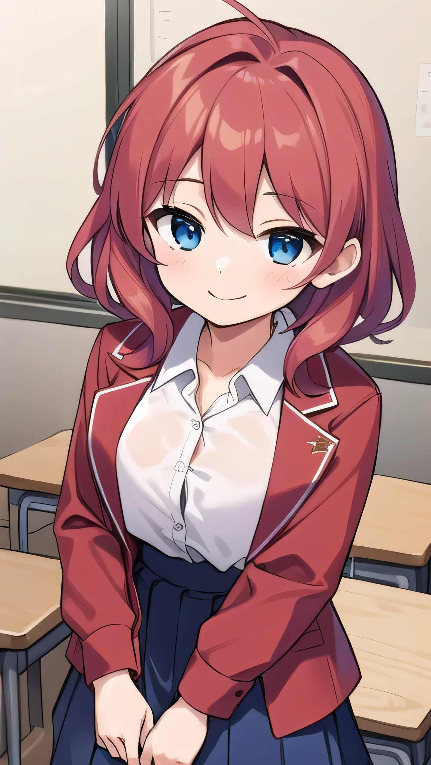 Big breasts, red hair, blue eyes, droopy eyes, red jacket, long sleeves, navy skirt, elementary school student, super big breasts, (medium hair: 1), baggy clothes, elementary school student, young face, short height, , old, shy Agari, smiling a little, trying to unbutton his shirt in the classroom, white shirt, soft hair,straight hair , gentle smile, a little smile