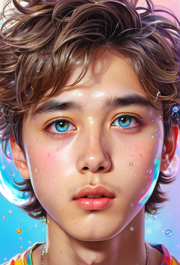 Xingqiu (masterpiece), (best quality), (ultra detailed),(disheveled hair),(illustration), (1boy), beautifuldetailedeyes,delicate beautiful face,Floating,(high saturation),(colorful splashes),colorful bubble,(shining),focus on face