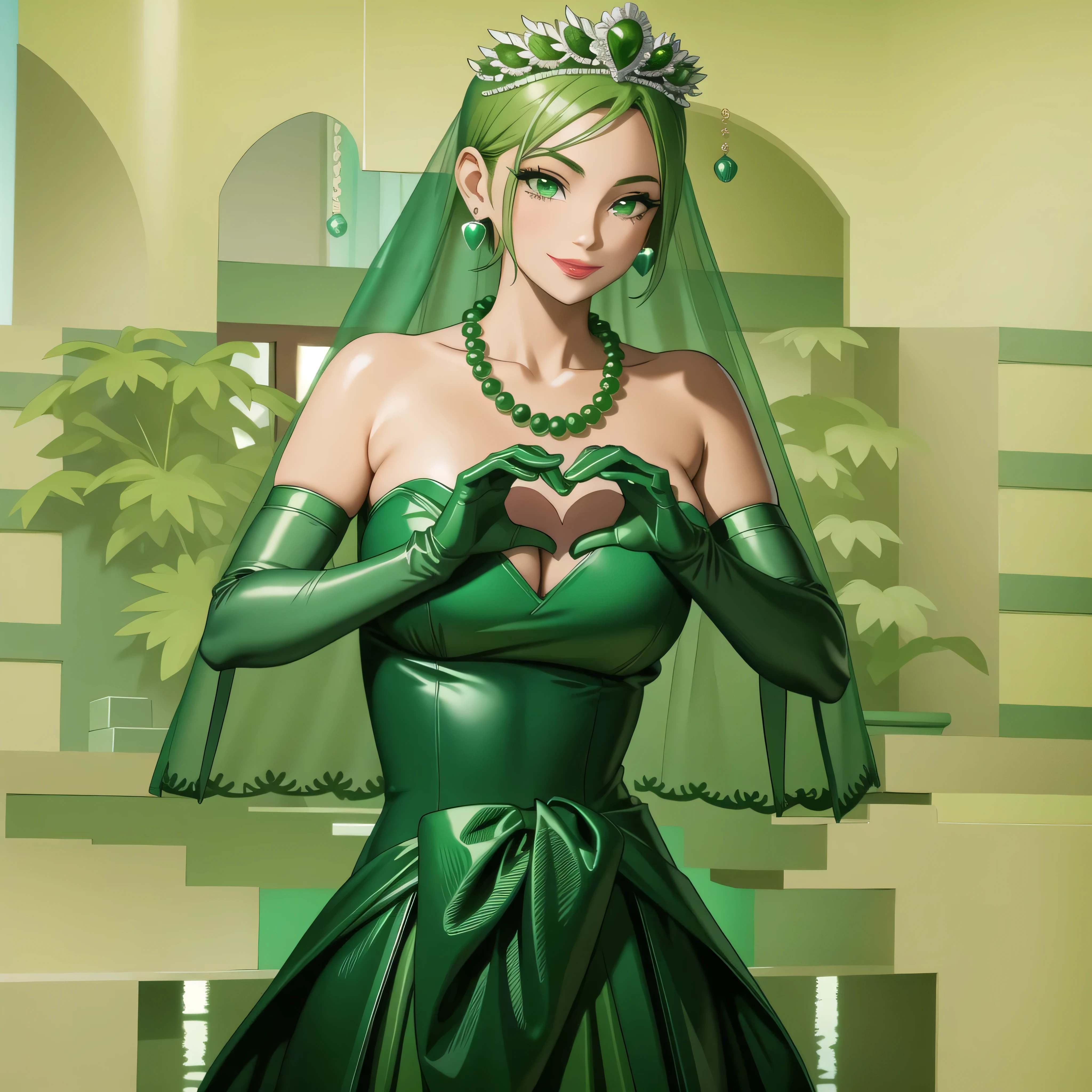Emerald tiara, Green Pearl Necklace, Boyish very short green hair, Green Lips, Smiling Japanese woman, Very short hair,  beautiful lady, Green Eyes, Green satin long gloves, Green Eyes, Emerald Earrings, Green veil, Heart with both hands, Green Hair, Beautiful Japanese Woman, Heart shaped hands:1.3, green lip gloss