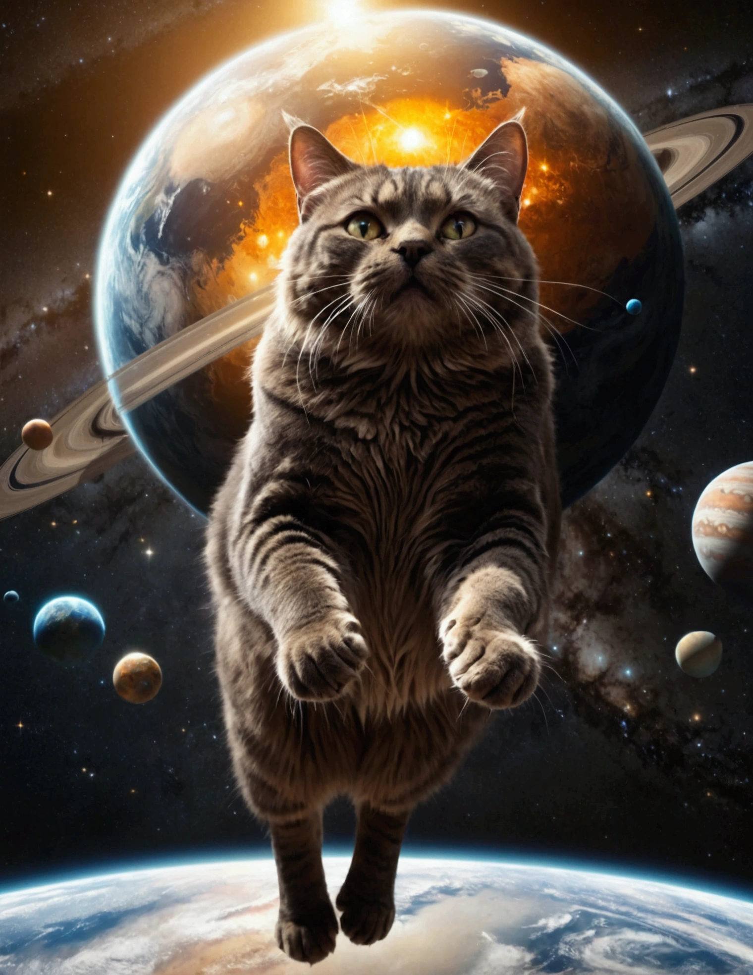 A gigantic cat,huge cat,massive cat,cat batting the earth,cat chasing the earth,the earth floating in space,the solar system,planets,stars,cosmic background,dramatic lighting,cinematic angle,photorealistic,highly detailed,8k,masterpiece,digital art,concept art,matte painting