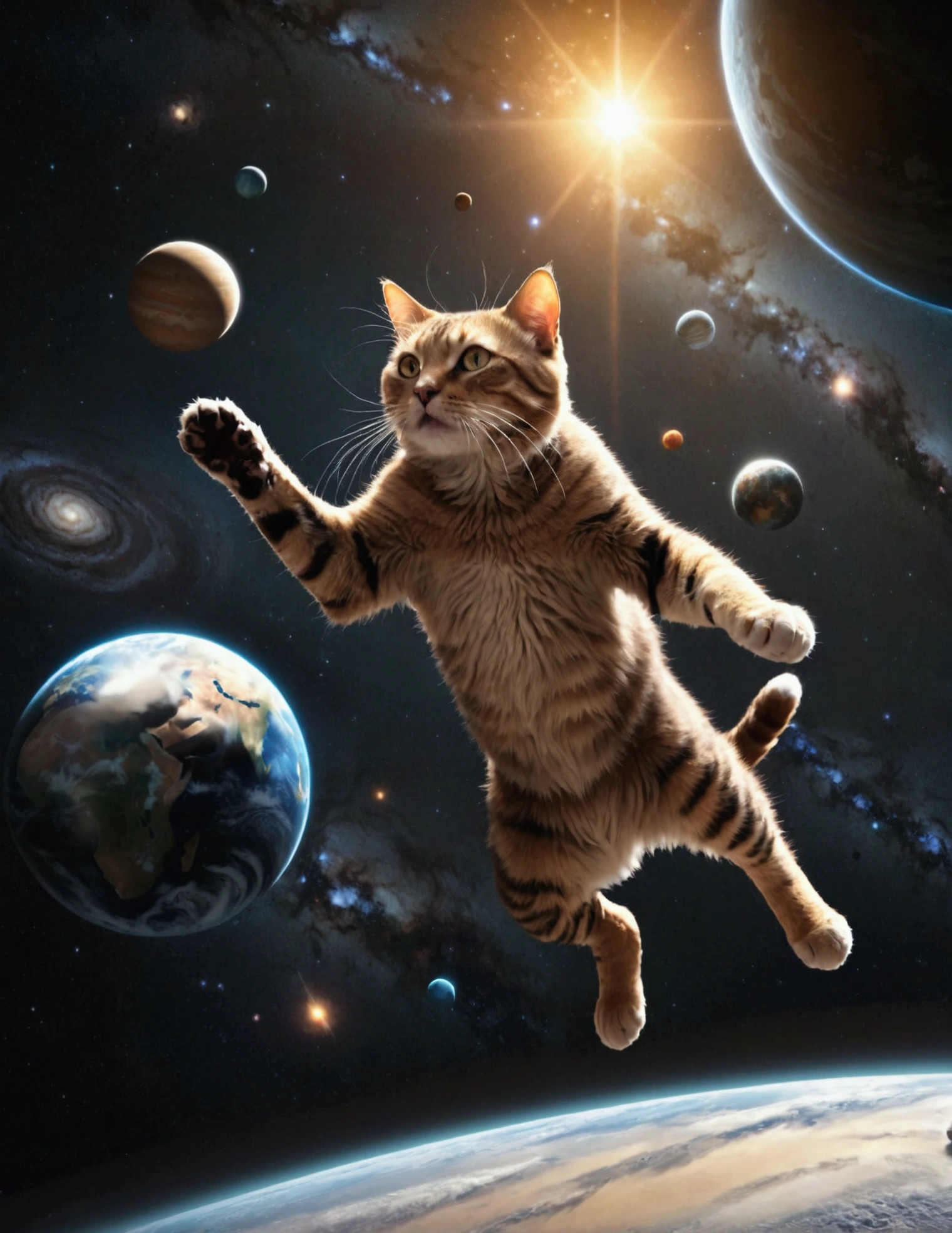 A gigantic cat,huge cat,massive cat,cat batting the earth,cat chasing the earth,the earth floating in space,the solar system,planets,stars,cosmic background,dramatic lighting,cinematic angle,photorealistic,highly detailed,8k,masterpiece,digital art,concept art,matte painting
