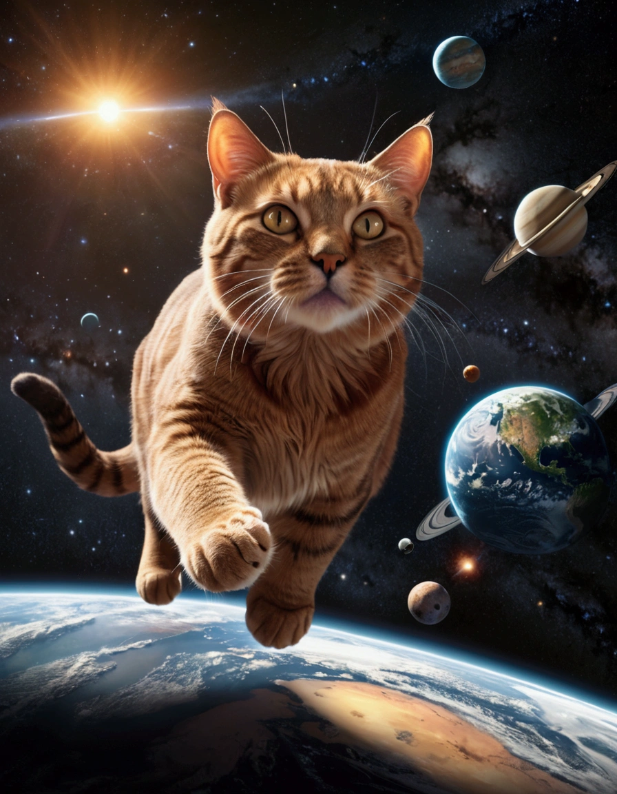 A gigantic cat,huge cat,massive cat,cat batting the earth,cat chasing the earth,the earth floating in space,the solar system,planets,stars,cosmic background,dramatic lighting,cinematic angle,photorealistic,highly detailed,8k,masterpiece,digital art,concept art,matte painting