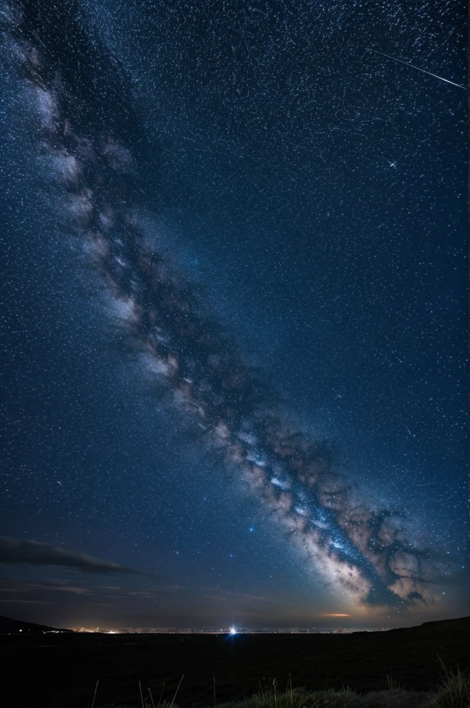 Midnight sky beaming light with shooting stars