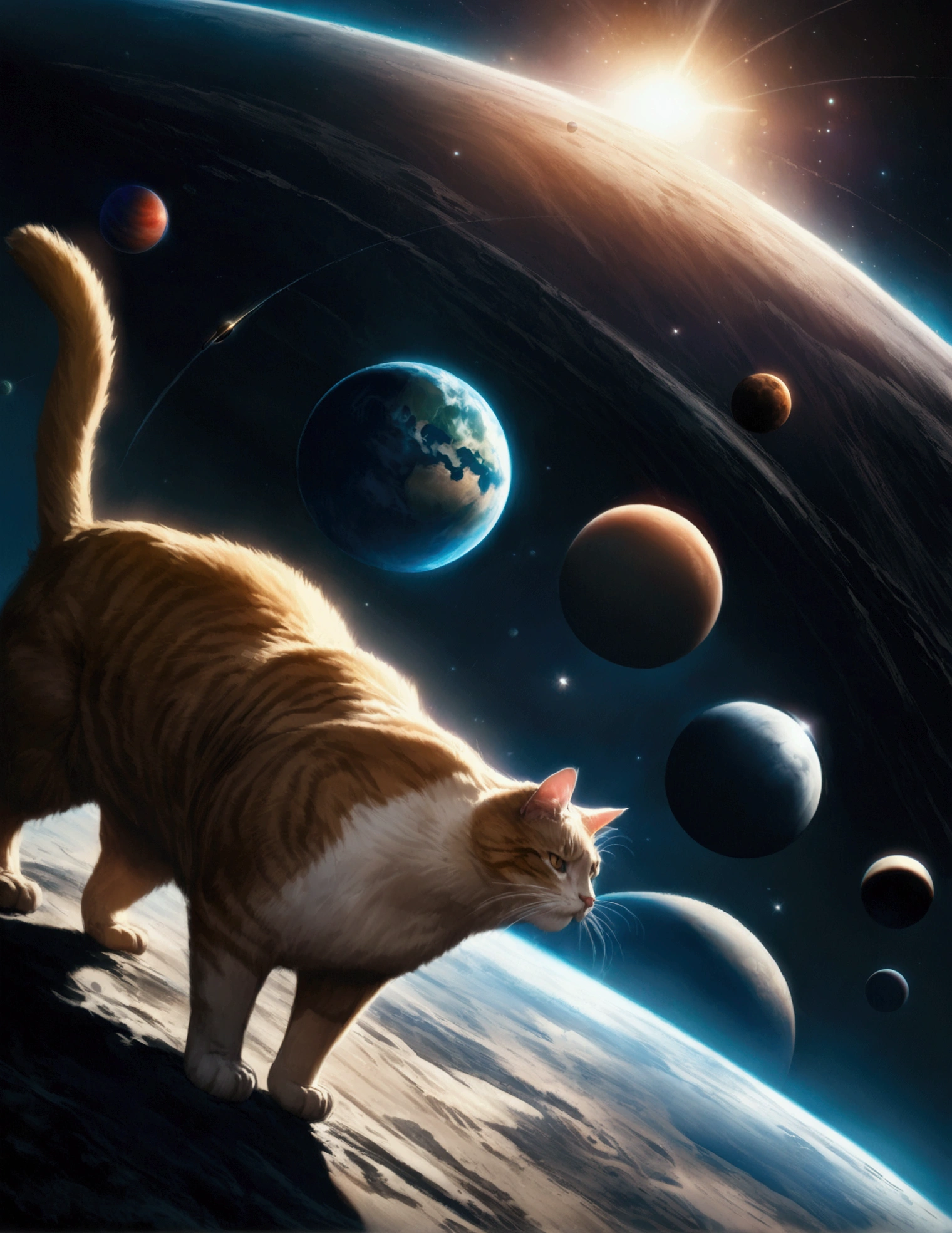 A gigantic cat,huge cat,massive cat,cat batting the earth,cat chasing the earth,the earth floating in space,the solar system,planets,stars,cosmic background,dramatic lighting,cinematic angle,photorealistic,highly detailed,8k,masterpiece,digital art,concept art,matte painting