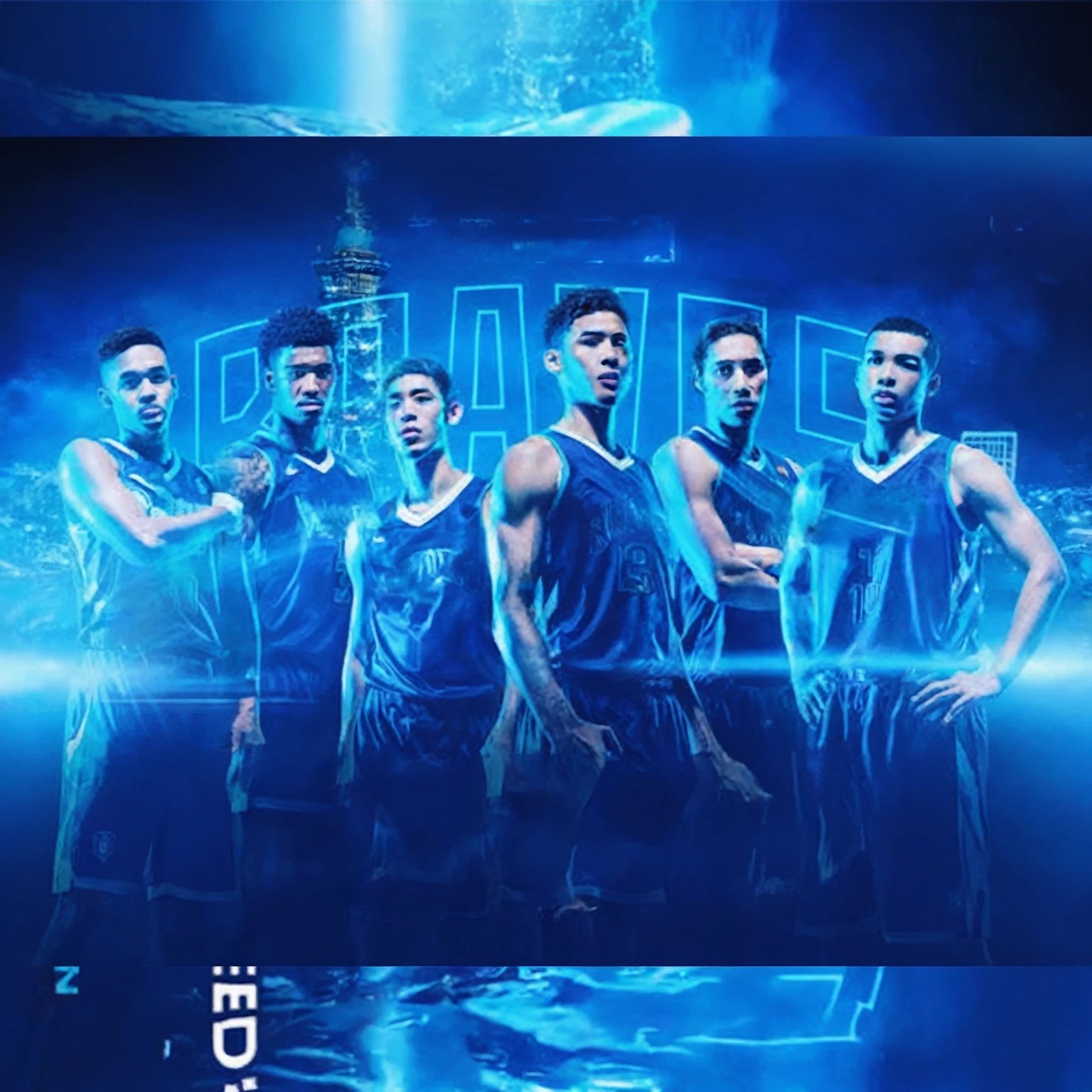 a affiche of the basketball team is posing for a photo, par Eddie Mendoza, rendu photo, fond d&#39;écran mobile, saignement de couleur bleue, flammes bleues, visages bleus, photo de couverture, Édité, affiche shot, qualifié, Raphaélite, jeu prêt, schéma bleu et noir, schéma de couleurs ???? et bleu, fan art des guerriers, tir concentré, phénix, regard intense, affiche, afficheized