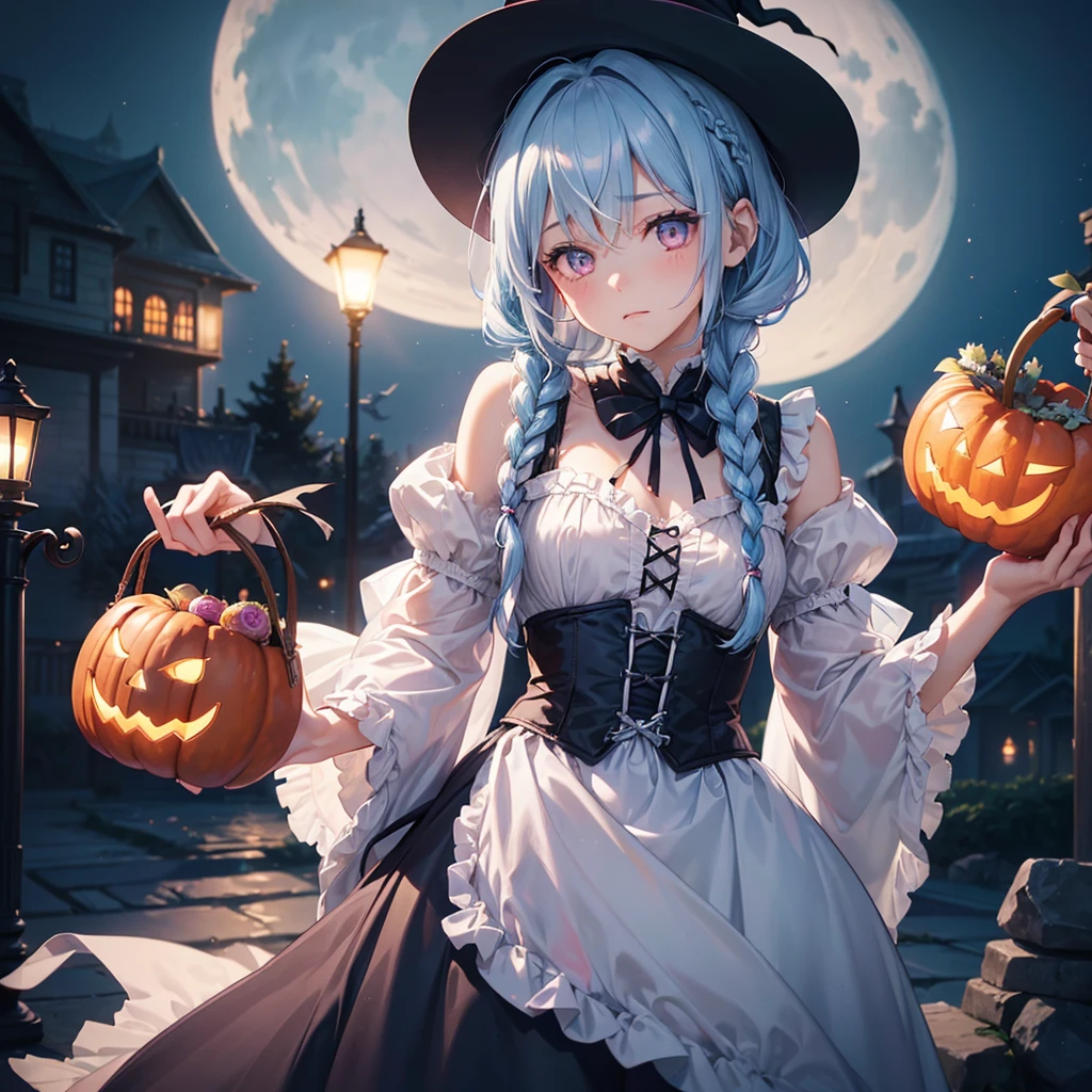 (Light blue medium hair:1.2),(Braided hair:1.2)、Pink eyes、Fair skin、cowboy shot、Halloween、The background is a pumpkin ghost、Crescent Moon、Trick or Treat、A lot of sweets、witch、Halloween night、Candy、many bat、Condescending expression、solo、(masterpiece、Highest quality、Very detailed、Best Shadow)、(Detailed Background)、(Beautifully detailed face)、High contrast、(Best lighting、Very delicate and beautiful)、(Cinematic Light)、colorful、Hyper Detail、Dramatic Light、Exquisite detail、