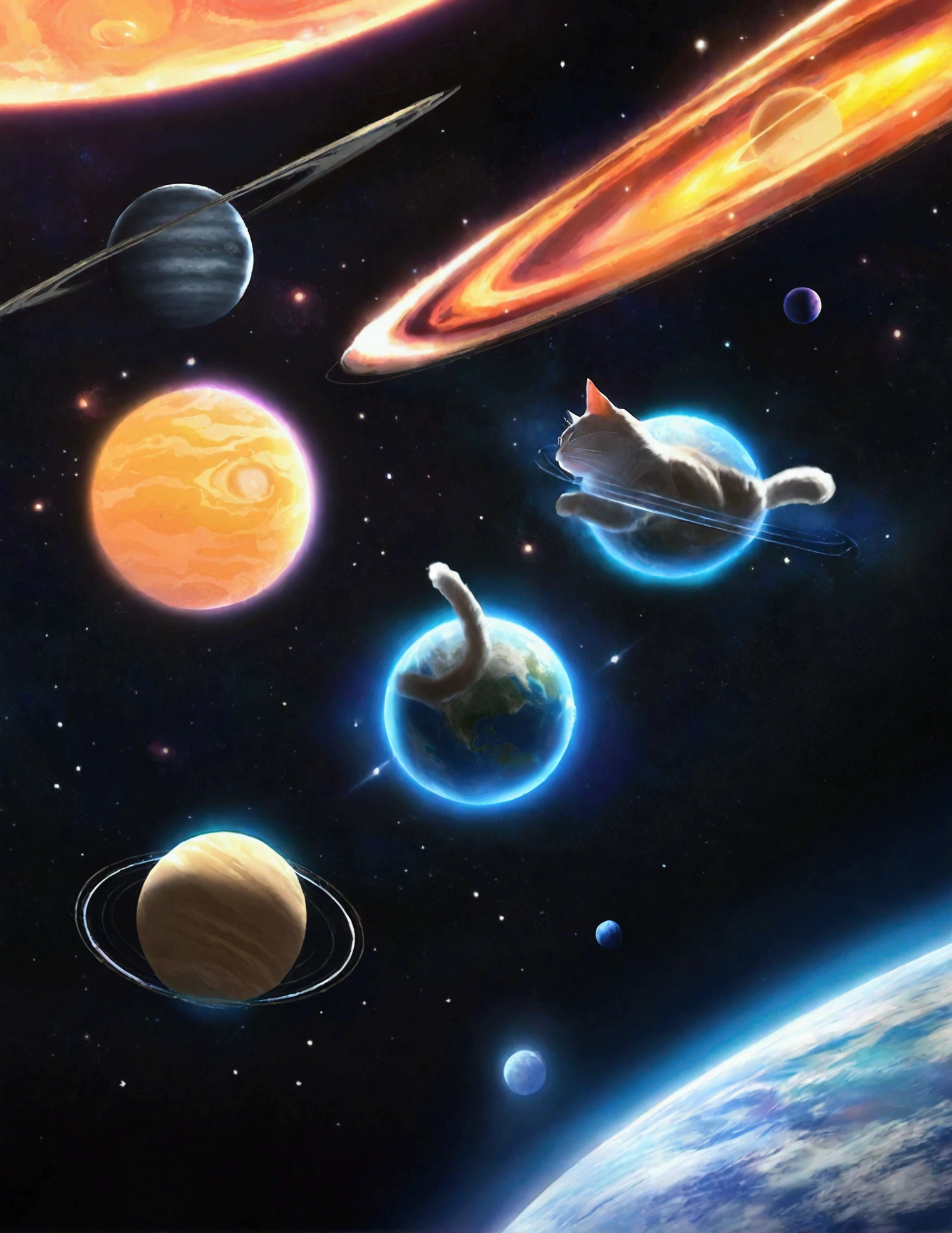 A gigantic cat,huge cat,massive cat,cat batting the earth,cat chasing the earth,the earth floating in space,the solar system,planets,stars,cosmic background,dramatic lighting,cinematic angle,photorealistic,highly detailed,8k,masterpiece,digital art,concept art,matte painting
