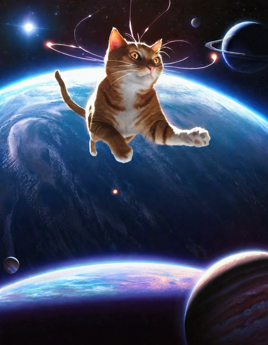 A gigantic cat,huge cat,massive cat,cat batting the earth,cat chasing the earth,the earth floating in space,the solar system,planets,stars,cosmic background,dramatic lighting,cinematic angle,photorealistic,highly detailed,8k,masterpiece,digital art,concept art,matte painting