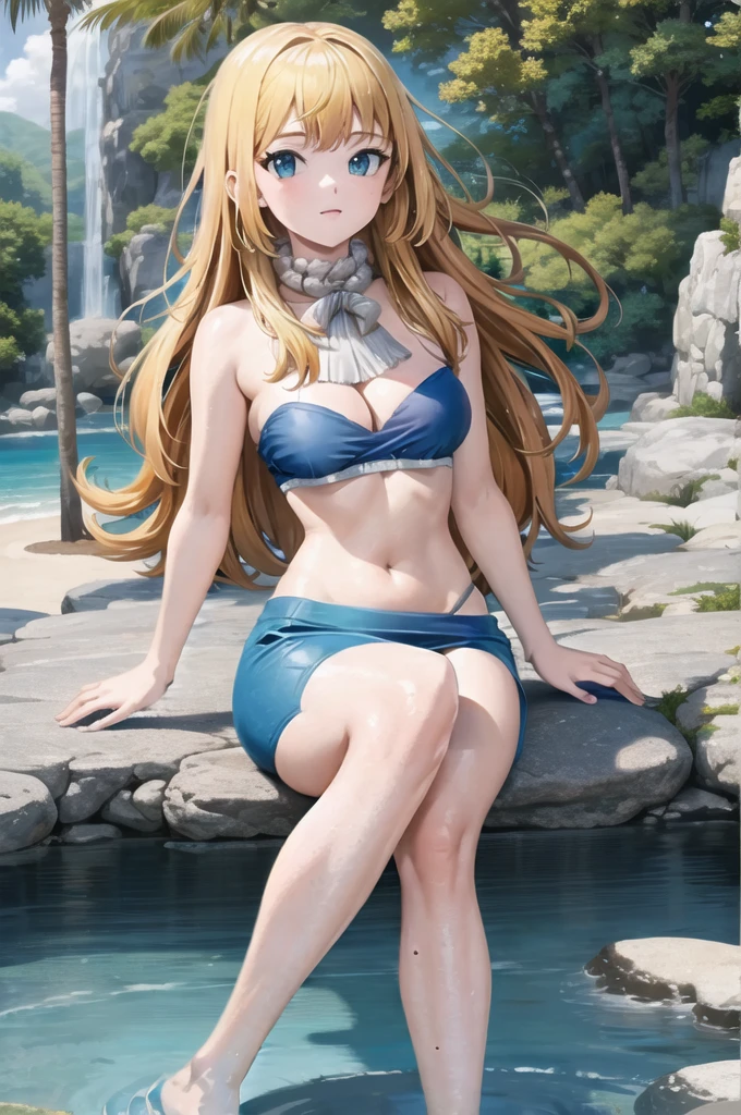 ((Best quality, high quality, a high resolution)), This, 1 girl, One, bare shoulders, in a blue bra, in a blue bikini, Long legs, high growth, sexuality, sweating, Armpits, sea, wound, Sun, looks at the viewer