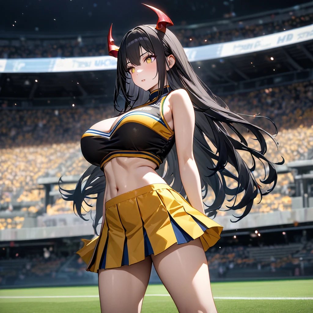 A woman wearing a cheerleader uniform, black shirt with gold details, sleeveless shirt, big breasts, yellow skirt, long black socks, sports shoes, red horns, yellow eyes, black hair, long hair, standing in the stands of a football stadium, night place.(solo woman) ,UHD , prime work , accurate , anatomically correct , textured skin , super details , high quality , best quality, 8k, high resolution, bokeh effect,
