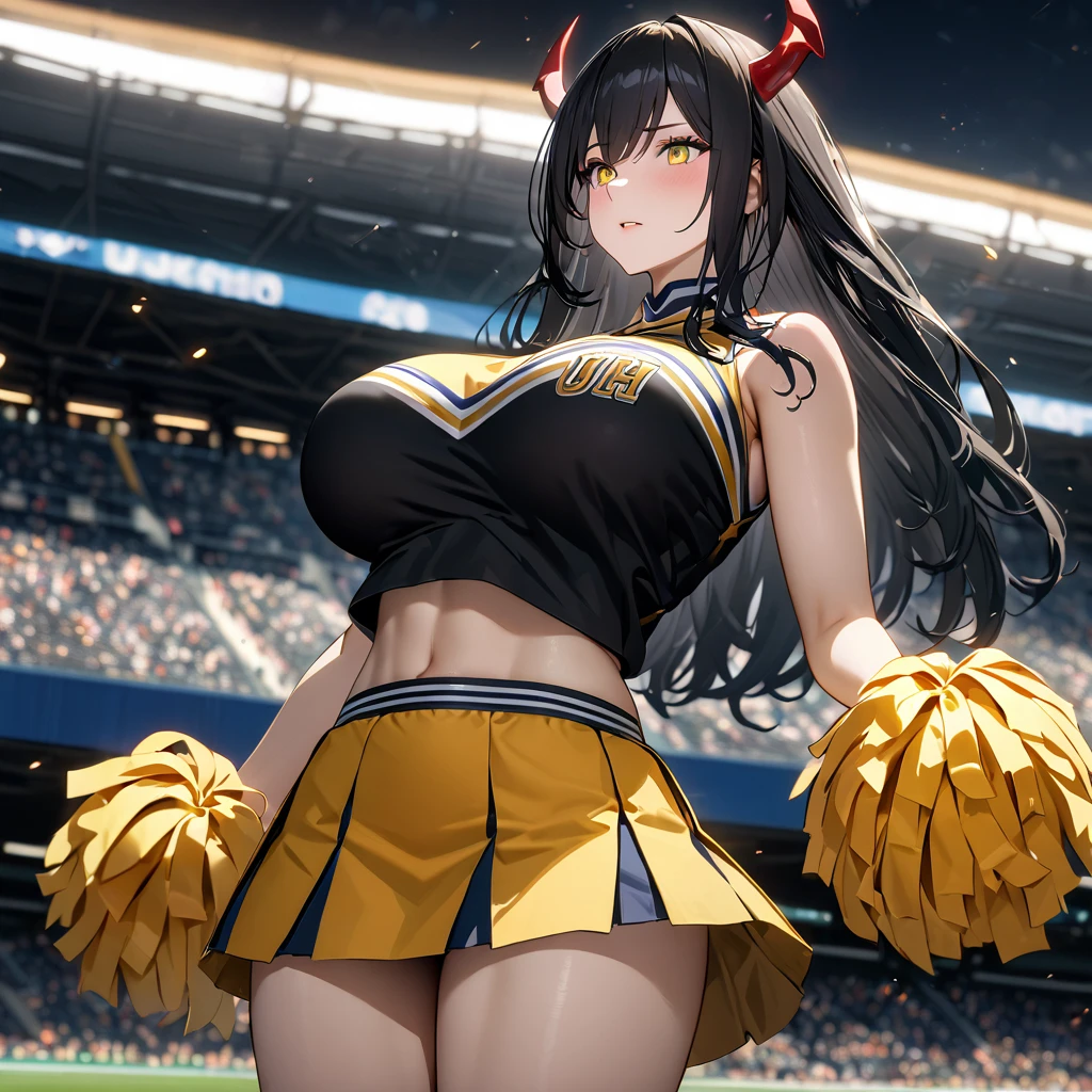 A woman wearing a cheerleader uniform, black shirt with gold details, sleeveless shirt, big breasts, yellow skirt, long black socks, sports shoes, red horns, yellow eyes, black hair, long hair, standing in the stands of a football stadium, night place.(solo woman) ,UHD , prime work , accurate , anatomically correct , textured skin , super details , high quality , best quality, 8k, high resolution, bokeh effect,
