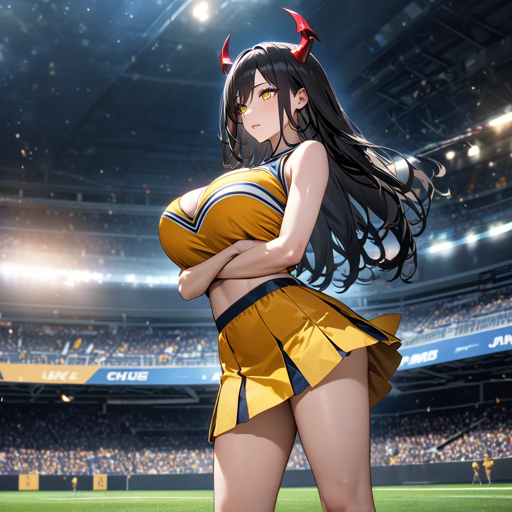 A woman wearing a cheerleader uniform, black shirt with gold details, sleeveless shirt, big breasts, yellow skirt, long black socks, sports shoes, red horns, yellow eyes, black hair, long hair, standing in the stands of a football stadium, night place.(solo woman) ,UHD , prime work , accurate , anatomically correct , textured skin , super details , high quality , best quality, 8k, high resolution, bokeh effect,
