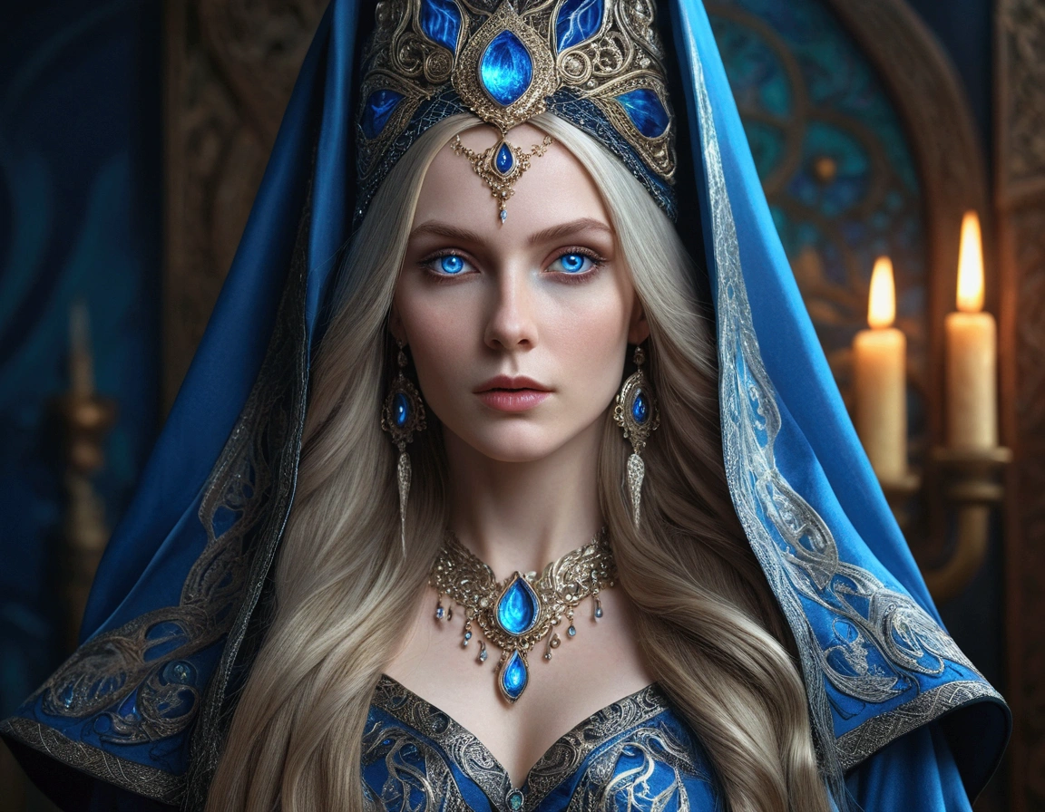 detailed portrait of a beautiful sorceress, elegant witch, long flowing hair, striking blue eyes, porcelain skin, detailed facial features, intricate headdress, ornate robe, magical aura, ethereal lighting, rich colors, fantasy art, digital painting, cinematic, 8k, highly detailed, photorealistic