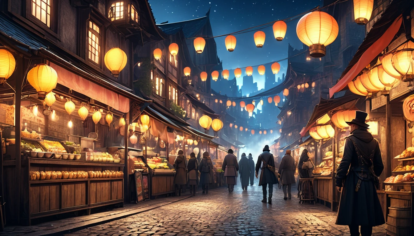 a dark alley with street stalls and shops, a western fantasy city skyline, anime style, glowing stars in a moonless night sky, (best quality,4k,8k,highres,masterpiece:1.2),ultra-detailed,(realistic,photorealistic,photo-realistic:1.37),intricate details,dramatic lighting,moody atmosphere,neon signs,cobblestone streets,medieval architecture,lanterns,food stalls,crowds of people,steam punk elements,whimsical details