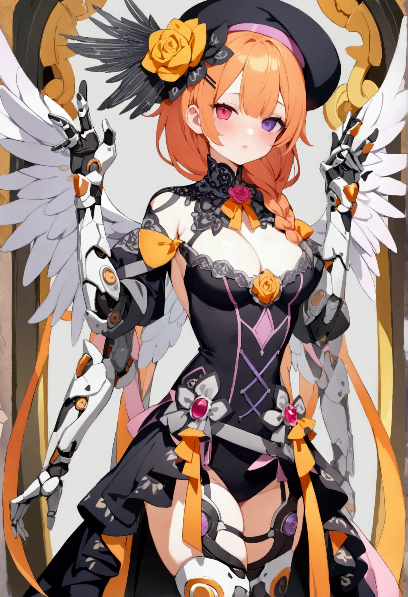 woman 160 cm tall, slim build, , charming look, ((heterocromia: look like, derecho naranja y look like izquierdo violeta)), (gray hair with pink highlights wavy shoulder length, He has a short braid on the left side of his hair on his chest., big open bangs, has a gear hairpin on the left side of the hair), (((complex mechanical legs up to the hip, The legs are black with gray parts with small pink details))), (((complex mechanical arms up to the elbows, The arms are black with gray parts with small pink details))), (complex mechanical angel wings of white color with dark gray parts), elegant black French beret with an orange rose ribbon, (elegant thigh-length one-piece dress, bell skirt, short sleeves, elegant black hip belt with orange parts, small rose brooch in the middle of the chest, beautiful stiletto heels, blue and black ribbon decorations on the dress, (((character design sheet: Front view))), ((Whole body)), extremely detailed beautiful hair, beautiful detailed dress, extremely detailed arms, extremely detailed face, (Extremely detailed hands), perfect hands, small face, hermosos look likes detallados, beautiful detailed lips, adorable, extremely detailed legs, (Best Quality, 8k, High resolution), ultra detailed, Exquisite and epic character art, ((White background)), (Focus on symmetry).