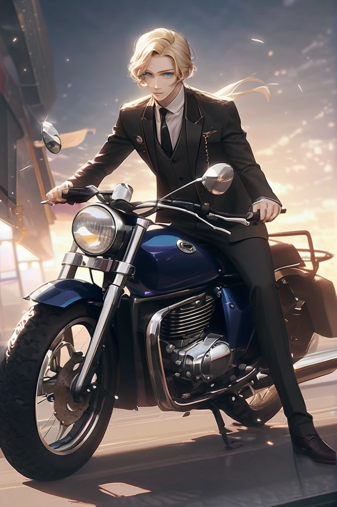 ((Лучшее качество)), ((шедевр)), (подробный), A blue-eyed blond man on a motorcycle