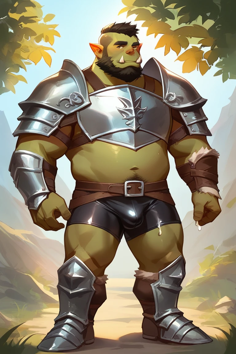 score_9, score_8_up, score_7_up, solo, male focus, fat male, orc, green skin, tusks, beard, outdoors, micro armor , shoulder armor, breastplate, upper body , pauldrons, day, armor boots , (( black micro tight shorts )) , full body , His body was wet with cum , BDSM , shibari