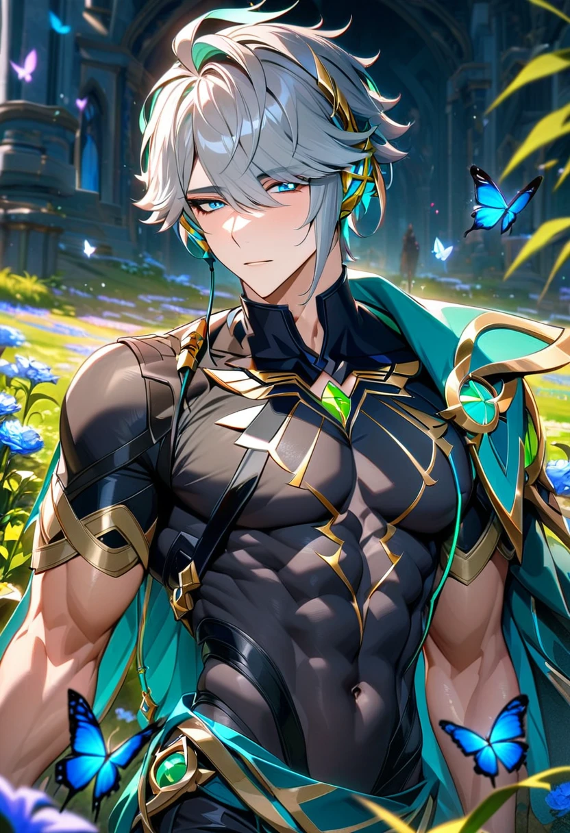 absurdres, highres, ultra detailed, HDR, master piece, best quality, perfect face, Alhaitham, gray hair, expressive blue eyes, Genshin Impact, solo, sexy man, handsome, toned chest, sensual, erotic, black tight shirt, green cape, a field full of beautiful flowers and butterflies, exquisite colors, purple, blue