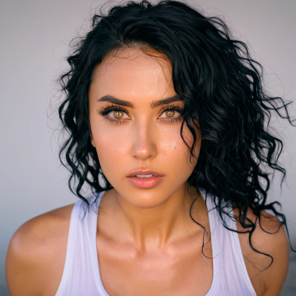 (masterpiece), best quality, expressive eyes, perfect face, head close up portrait with highly detailed eyes, detailed features, photographic 35mm shot, goddess & gorgeous, candid, golden hour, cinematic lightning, extreme realism , realistic, black wavy hair, black eyes, white tank top, sweat, pastel-colored background, The image, captured in stunning Ultra HD, Nikon D850, — style raw — c 10 — ar 2:3 — s 250