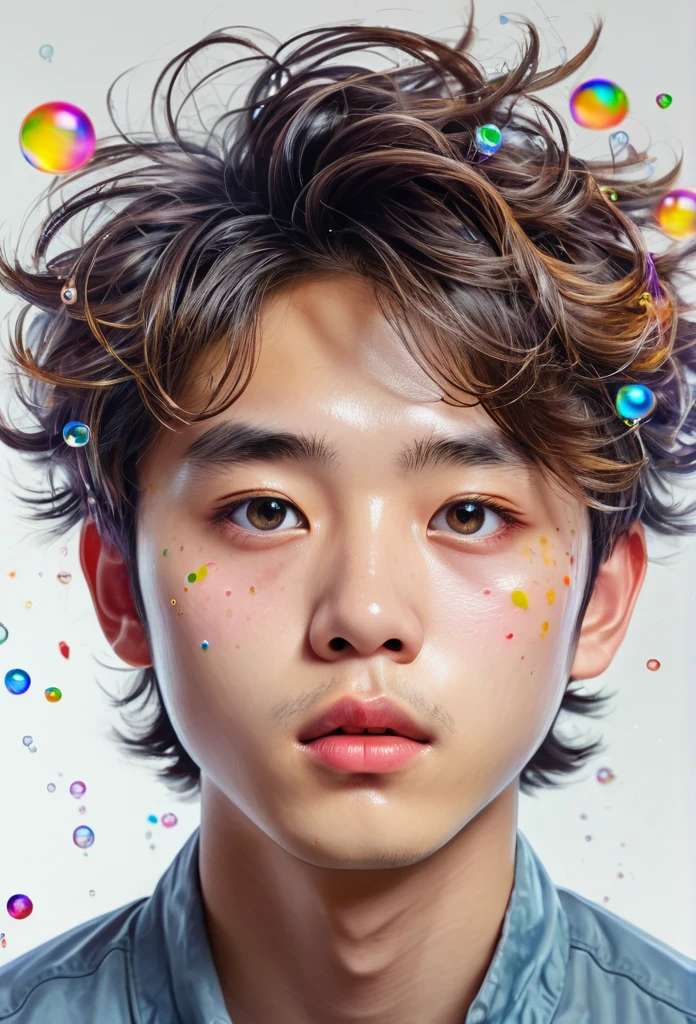 Xingqiu (masterpiece), (best quality), (ultra detailed),(disheveled hair),(illustration), (1boy), beautifuldetailedeyes,delicate beautiful face,Floating,(high saturation),(colorful splashes),colorful bubble,(shining),focus on face