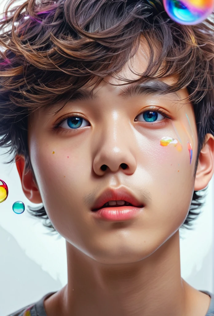 Xingqiu (masterpiece), (best quality), (ultra detailed),(disheveled hair),(illustration), (1boy), beautifuldetailedeyes,delicate beautiful face,Floating,(high saturation),(colorful splashes),colorful bubble,(shining),focus on face