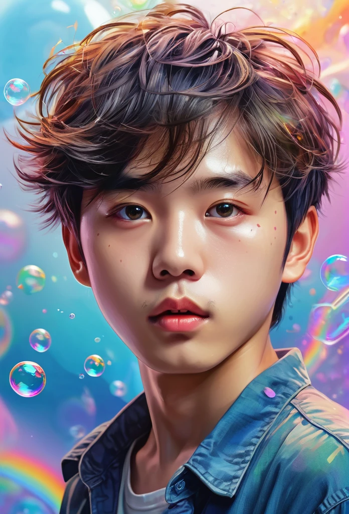 Xingqiu (masterpiece), (best quality), (ultra detailed),(disheveled hair),(illustration), (1boy), beautifuldetailedeyes,delicate beautiful face,Floating,(high saturation),(colorful splashes),colorful bubble,(shining),focus on face