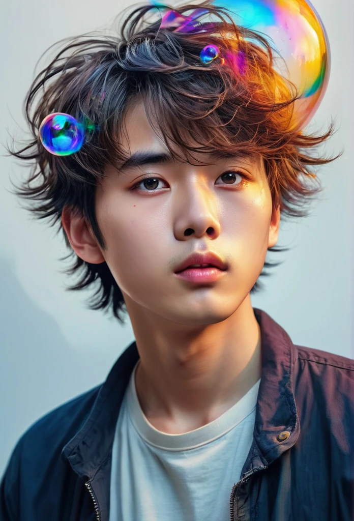 Xingqiu (masterpiece), (best quality), (ultra detailed),(disheveled hair),(illustration), (1boy), beautifuldetailedeyes,delicate beautiful face,Floating,(high saturation),(colorful splashes),colorful bubble,(shining),focus on face