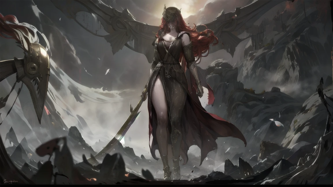 1 girl, ultra sharp image, portrait of a girl, Gothic style, fantasy, beautiful figure, beautiful, full length (full body 1.1.), battlefield, swords stuck into the ground in the background, Red sunset, slender legs, buttocks, slender legs, Wasp waist, sexy, fighting pose, fighting stance, only,helmet,light-skinned Женский, One, long curved sword in hand