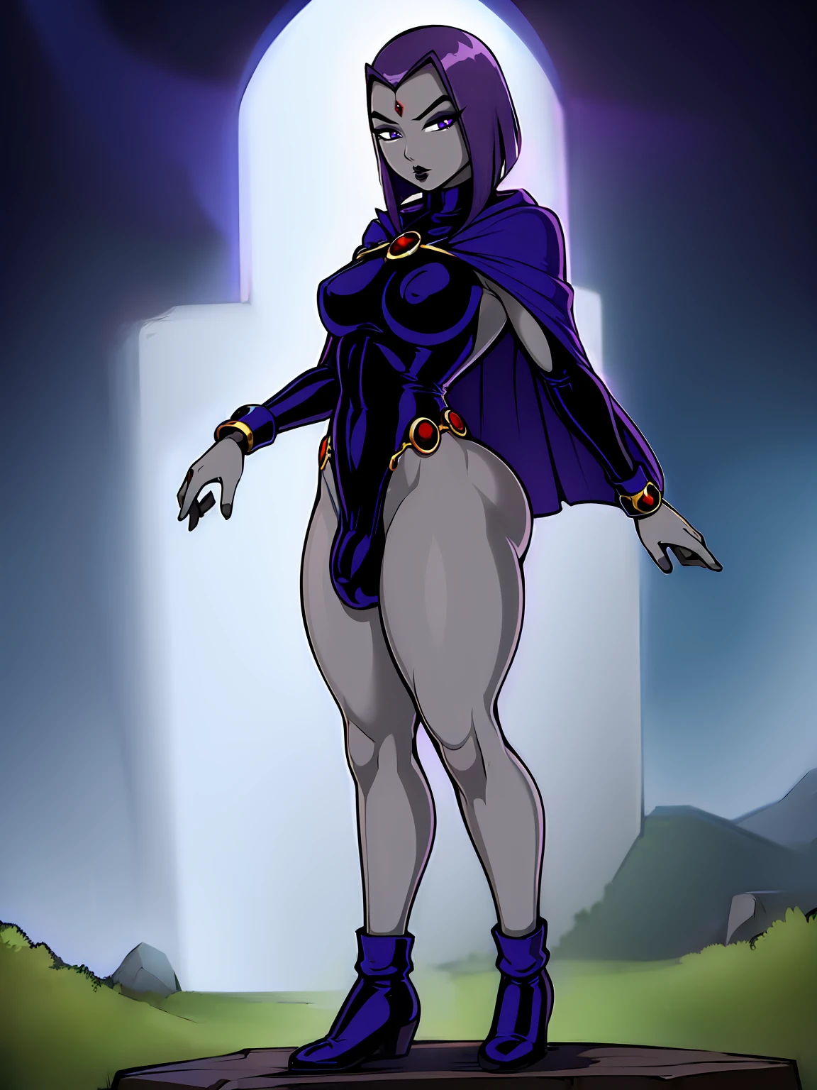 (solo:1.1),(masterpiece), (best quality:1.3), ultra detailed, intricate, professional art, digital art, absurdres, shadraven, (Full body view:1.1), 1girl, solo, (grey skin:1.4), dark purple hair, bob hair, purple eyes, hips wider than shoulders, pear shaped body, jewellery, detailed thighs, thick thighs, red jewel in forehead, jewels, (long sleeved turtleneck leotard:1.3), cuffs, small breasts, (shadraven cloak), (Shadraven broach:1.2), Shadraven jewel belt, Shadraven wearing a long sleeved leotard outside at night, long legs, ( long crotch bulge:1.4), large penis, large testicles, side angle view, looking at viewer, bubble butt , gluteal crease, universal lighting,,