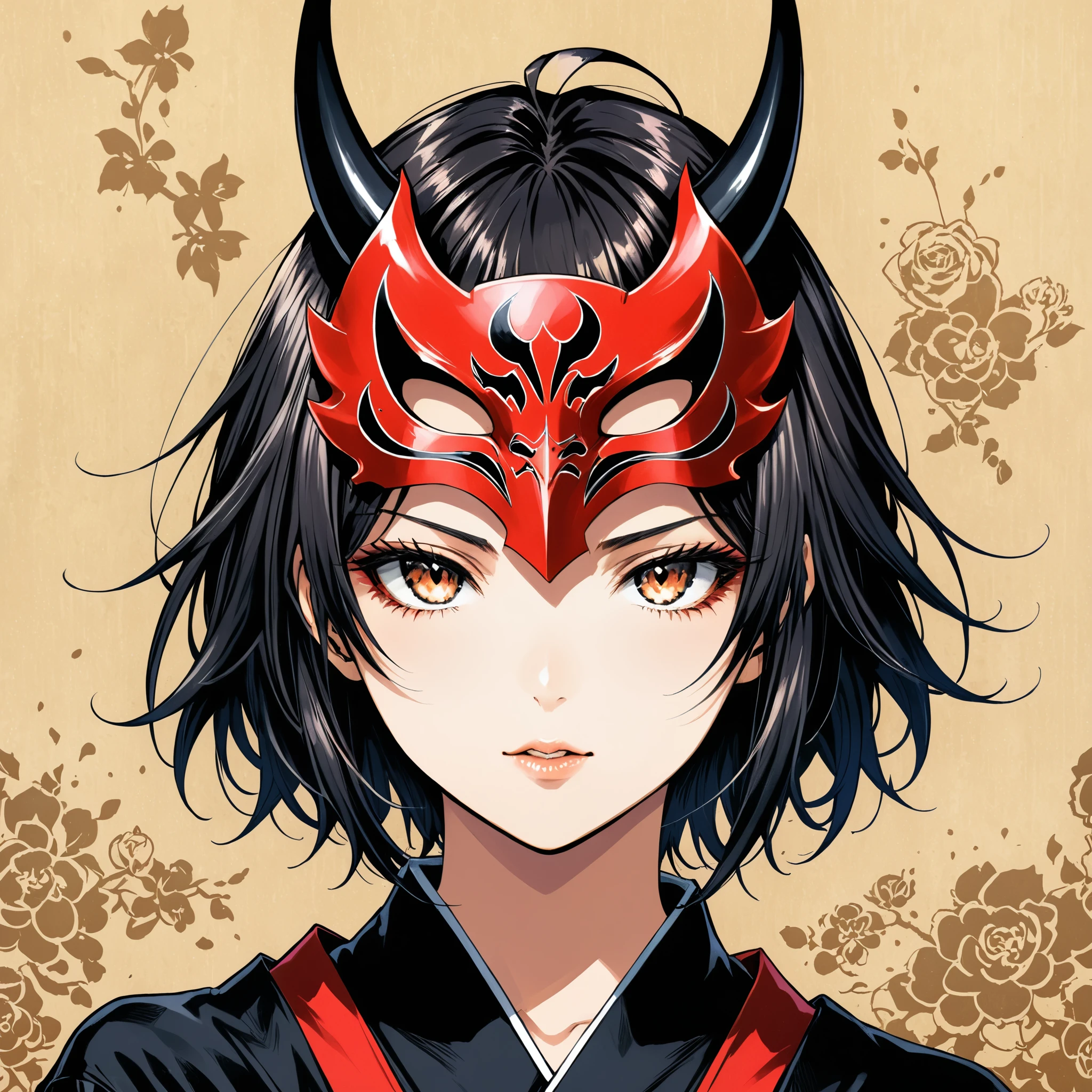 (in style of Takeshi Obata),1girl,Girl Portrait,The girl and the demon samurai mask are presented separately on the canvas