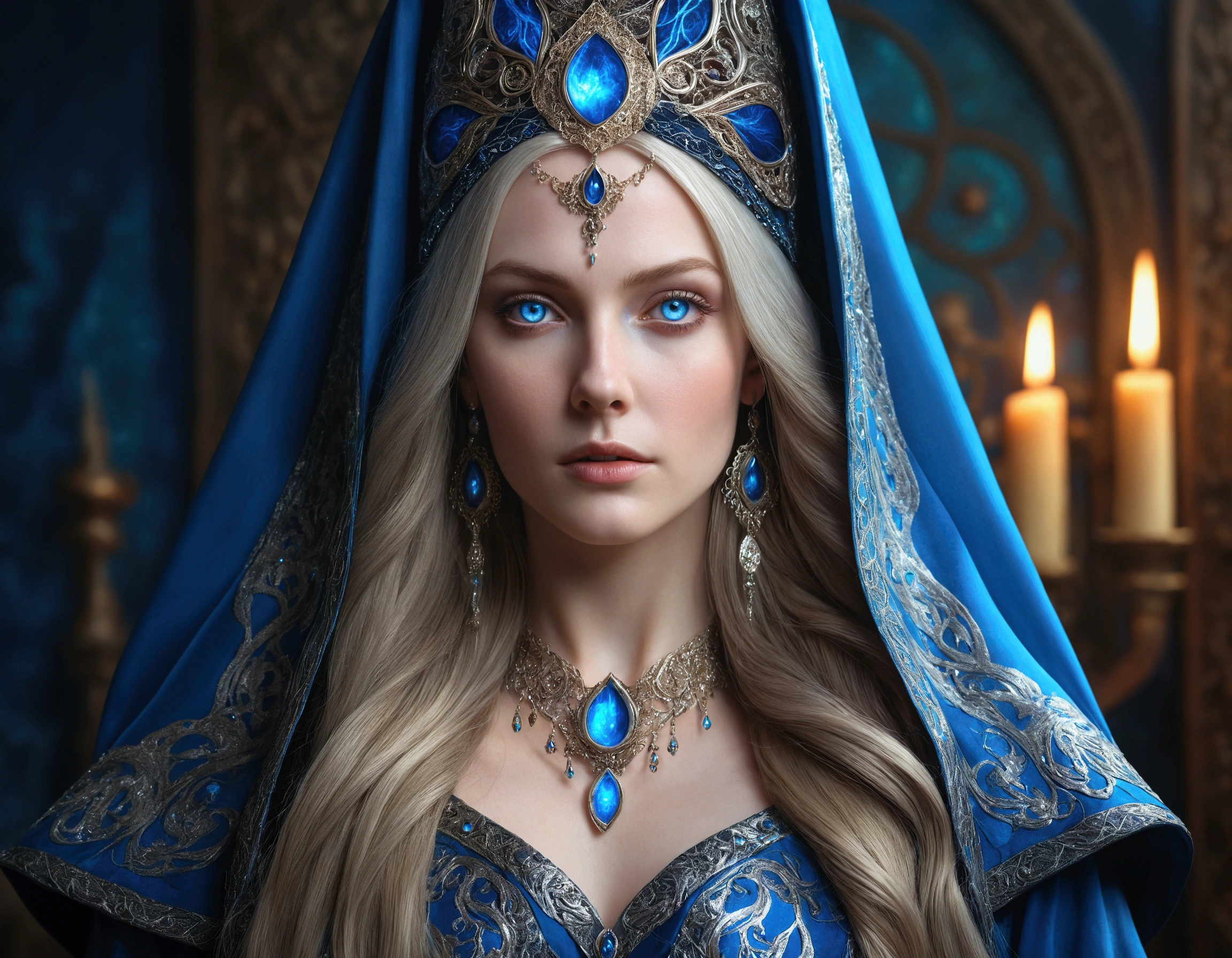 detailed portrait of a beautiful sorceress, elegant witch, long flowing hair, striking blue eyes, porcelain skin, detailed facial features, intricate headdress, ornate robe, magical aura, ethereal lighting, rich colors, fantasy art, digital painting, cinematic, 8k, highly detailed, photorealistic