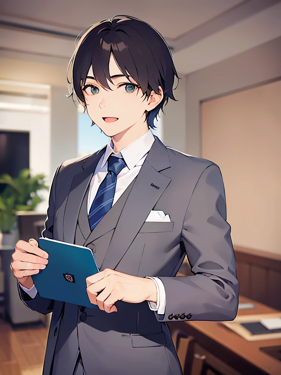 holding a document, upper body、masterpiece、Highest quality、(25-year-old male:1.5) and (Brown short hair) and (Green Eyes), (Grey suit:1.5) and (Blue tie)、smile, open mouth, The background is the conference room、(Alone:1.5)、Upper body is shown、Are standing