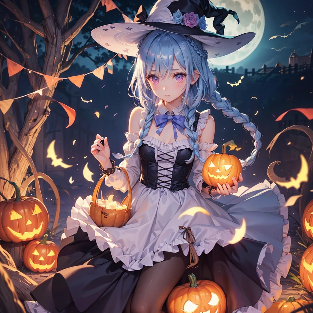 (Light blue medium hair:1.2),(Braided hair:1.2)、Pink eyes、Fair skin、cowboy shot、Halloween、The background is a pumpkin ghost、Crescent Moon、Trick or Treat、A lot of sweets、witch、Halloween night、Candy、many bat、Condescending expression、solo、(masterpiece、Highest quality、Very detailed、Best Shadow)、(Detailed Background)、(Beautifully detailed face)、High contrast、(Best lighting、Very delicate and beautiful)、(Cinematic Light)、colorful、Hyper Detail、Dramatic Light、Exquisite detail、