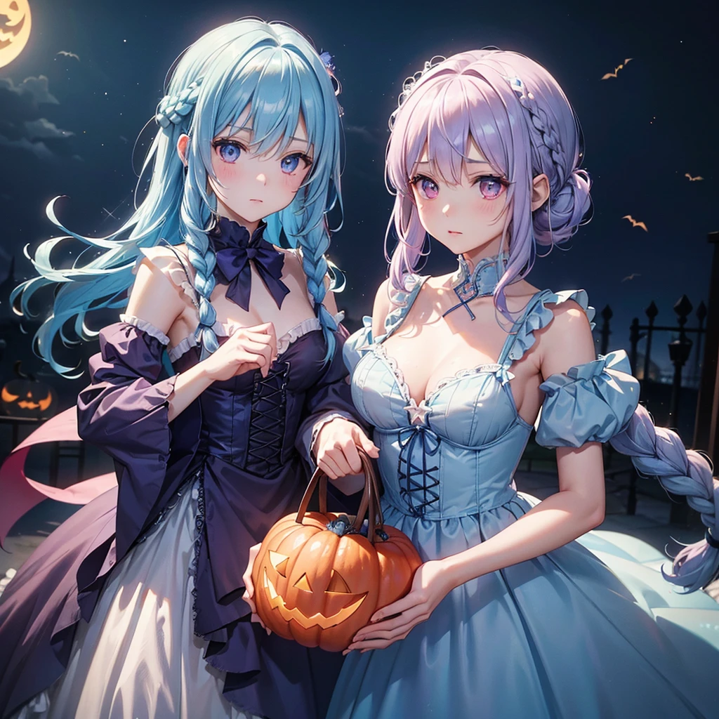 (Light blue medium hair:1.2),(Braided hair:1.2)、Pink eyes、Fair skin、cowboy shot、Halloween、The background is a pumpkin ghost、Crescent Moon、Trick or Treat、A lot of sweets、witch、Halloween night、Candy、many bat、Condescending expression、solo、(masterpiece、Highest quality、Very detailed、Best Shadow)、(Detailed Background)、(Beautifully detailed face)、High contrast、(Best lighting、Very delicate and beautiful)、(Cinematic Light)、colorful、Hyper Detail、Dramatic Light、Exquisite detail、