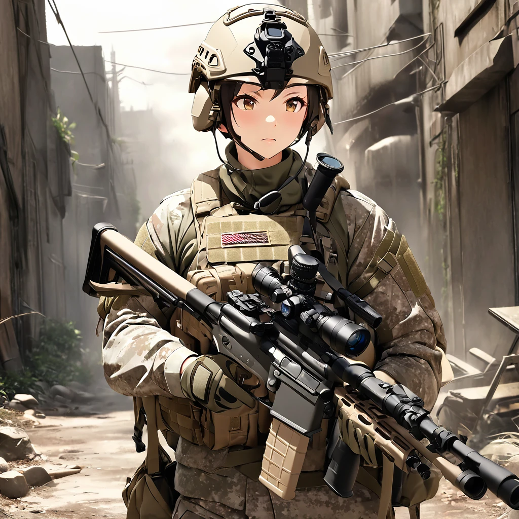 Ultra-high resolution 3D CG art,A modern soldier girl is sniping at night,Girls are modern snipers,Her hair is short and chestnut.On his head he wears an urban camouflage helmet,Urban camouflage is a mixture of black and grey. the kind worn by modern soldiers Put on night vision goggles 、Wearing modern soldier uniforms in urban camouflage and carrying military backpacks,Possess a  sniper rifle 、Perfect rifle depiction,she is lying face down on the ground on the roof of an abandoned building, looking through the scope of a rifle.Tension, nervousness,The girl was covered in mud and dust.Night vision goggles green light afterglow effect,Bird's Eye View,(High quality,high resolution, masterpiece, best quality4k, 8k.1.2)Ultra detail,Ultra-fine painting,Super Fine View,