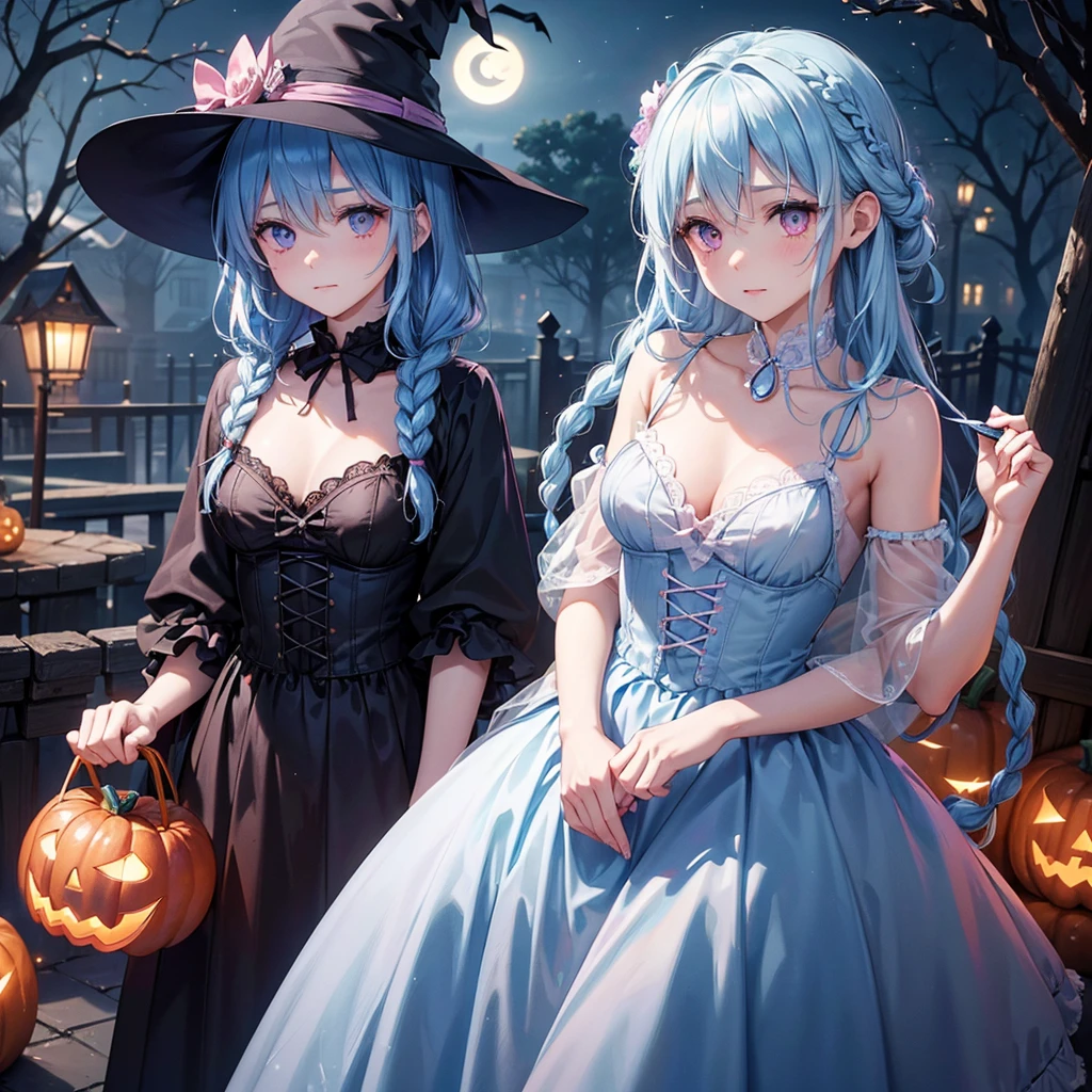 (Light blue medium hair:1.2),(Braided hair:1.2)、Pink eyes、Fair skin、cowboy shot、Halloween、The background is a pumpkin ghost、Crescent Moon、Trick or Treat、A lot of sweets、witch、Halloween night、Candy、many bat、Condescending expression、solo、(masterpiece、Highest quality、Very detailed、Best Shadow)、(Detailed Background)、(Beautifully detailed face)、High contrast、(Best lighting、Very delicate and beautiful)、(Cinematic Light)、colorful、Hyper Detail、Dramatic Light、Exquisite detail、