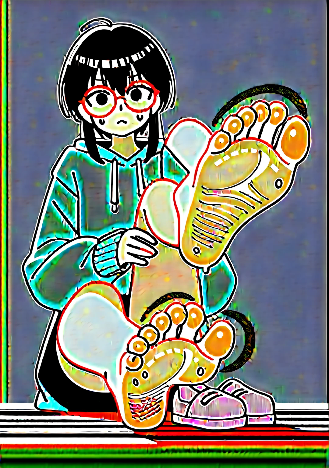 wallpaper,hoodie,The background is in the room, Straight Hair,Long hair,best quality, Very detailed, masterpiece, Extremely detailed, illustration, Sky,Foot Focus, giggle, barefoot,Stinky feet,Steam around feet,脚底Sweating很多,There are a lot of water drops on the soles of feet,Water dripping from the soles of feet,Sweating all over,Sweating,Black eyes,Sweatshirt,black hair,Red round-rimmed glasses,Two feet,Each foot can only have five toes,Good feet,Nice looking feet,delicate foot,There is a pair of slippers on the ground on the right side of the screen,Steam around shoes,Height 2 meters,个子Very high,Very high,Be around 30 years old,Become a,