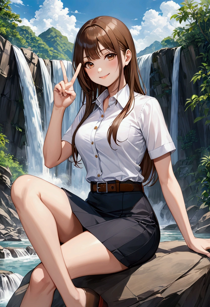 realistic anime illustration of Thai young woman sitting on the big rock, smiling and making a V sign hand gesture, waterfall background, smiling, {she has a brown long hair and wearing white shirt short sleeves, collared button up shirt, black pencil skirt with belt}, (1girl, solo, full body), (masterpiece, best quality), mahalaiuniform