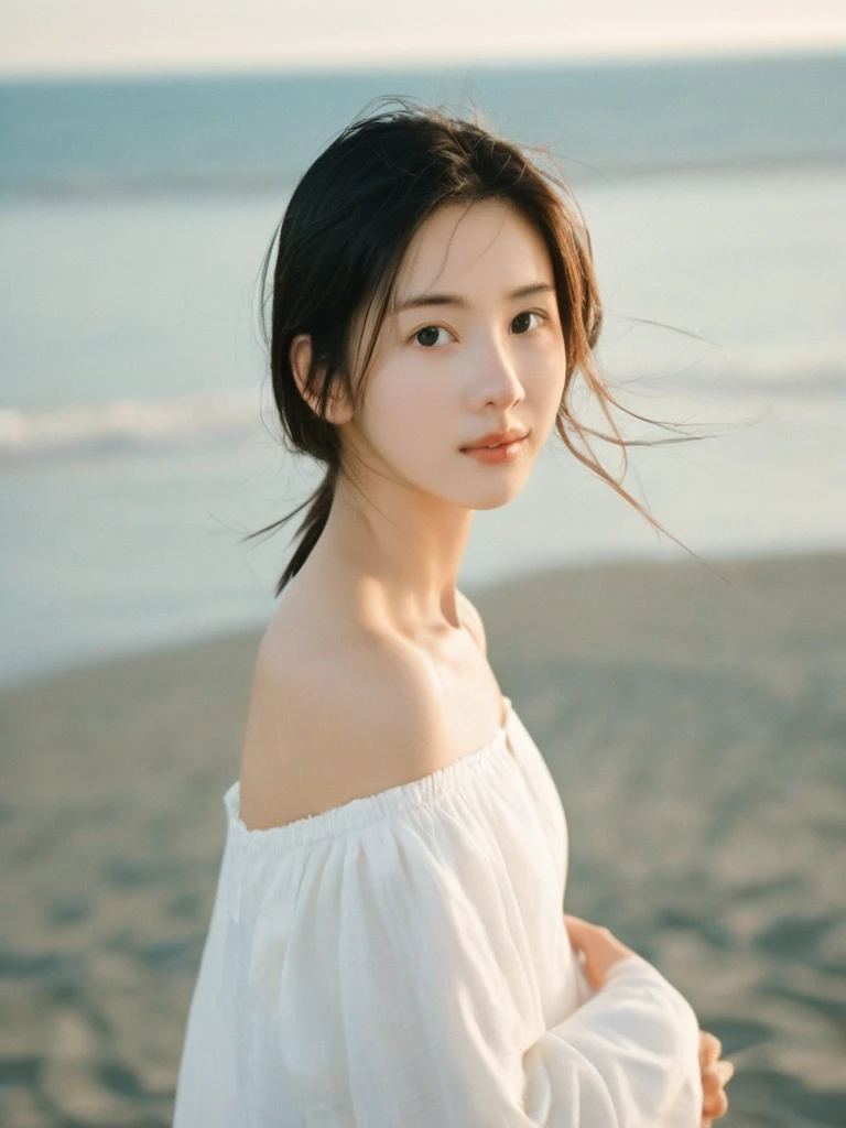 a masterpiece of film Photography,a girl by the sea with floating hair and bare shoulders in a canonicals,looking at viewer,formal_dress,canonicals,, (perfect real extremely details), award-winning, breathtaking, amazing fine detail, dramatic lighting, best quality,taken by Hideaki Hamadagorgeous 19 y.o. girl,gorgeous girl, score_9,score_8_up,score_7_up,source_anime,masterpiece,best quality, ((black hair)),make up, opened eyes, black eyes,full clothing,a woman with her son,((woman hugging son,1 kid,)),,realistic skin,realistic,kid,at the beach,wearing beach clothes, jumbo breasts