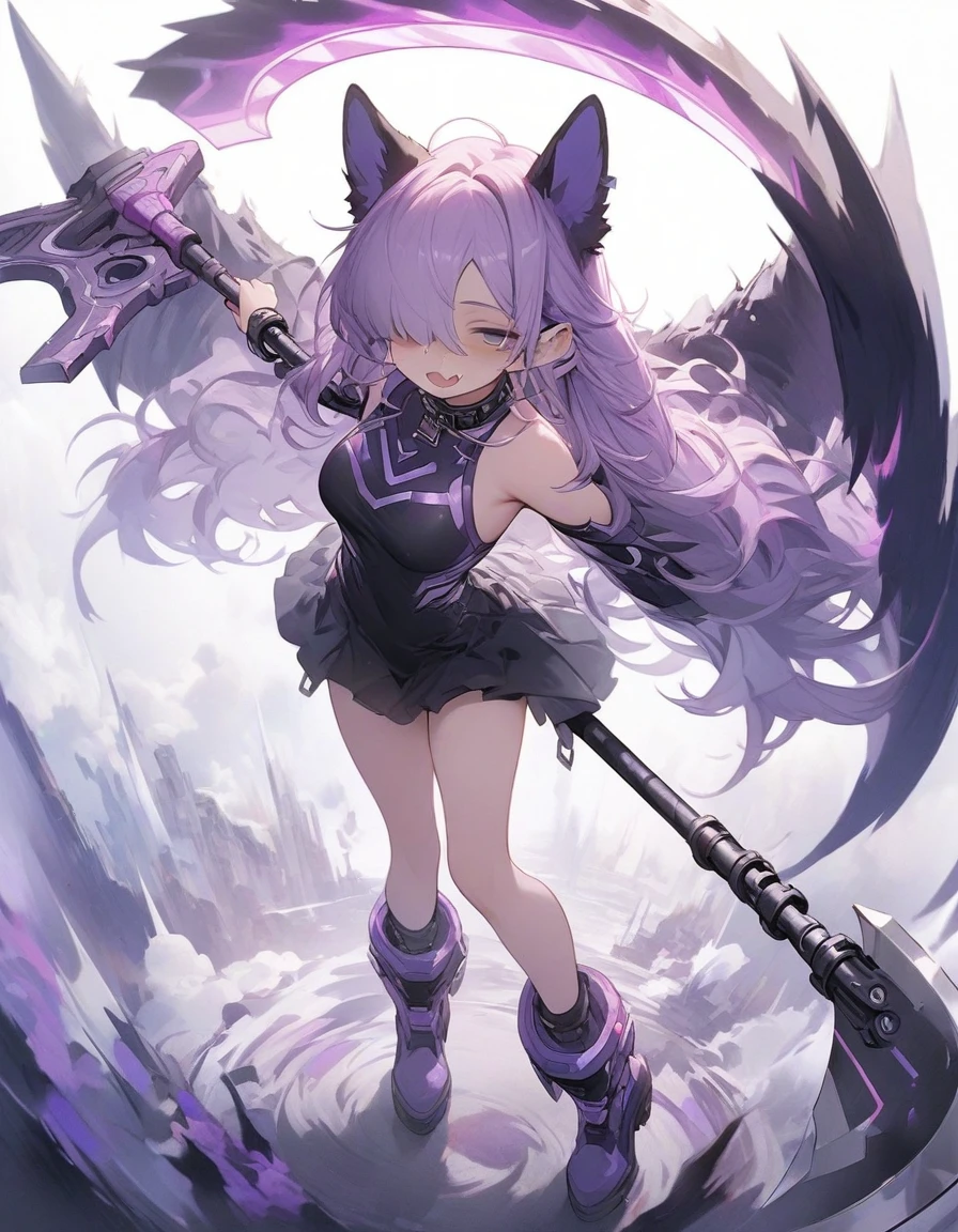 ,(1girl:1.2), {masterpiece), best quality, illustration, expressionless,chest,(purple hair:1.1),,,,bags_under_eyes, (hair over one eye:1.25),,, jimiko, long hair, big hair,(shaded face:1.1),wince, ,, darkness,(dog ears:1.1), chained collar,collar,smile,fang, ,,standing pose,1girl white background,purple cyber outfit, (cyber hi-tech boots:1.2), high resolution, digital painting, 8k high resolution, trending art station, white background, whole body. (hold on high tech energy axe:1.3),(full body:1.3),