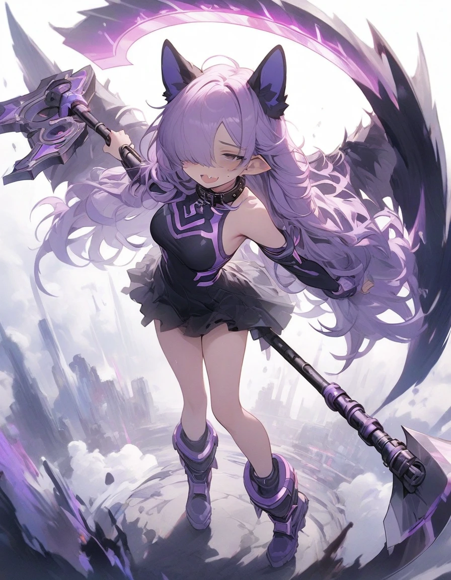 ,(1girl:1.2), {masterpiece), best quality, illustration, expressionless,chest,(purple hair:1.1),,,,bags_under_eyes, (hair over one eye:1.25),,, jimiko, long hair, big hair,(shaded face:1.1),wince, ,, darkness,(dog ears:1.1), chained collar,collar,smile,fang, ,,standing pose,1girl white background,purple cyber outfit, (cyber hi-tech boots:1.2), high resolution, digital painting, 8k high resolution, trending art station, white background, whole body. (hold on high tech energy axe:1.3),(full body:1.3),